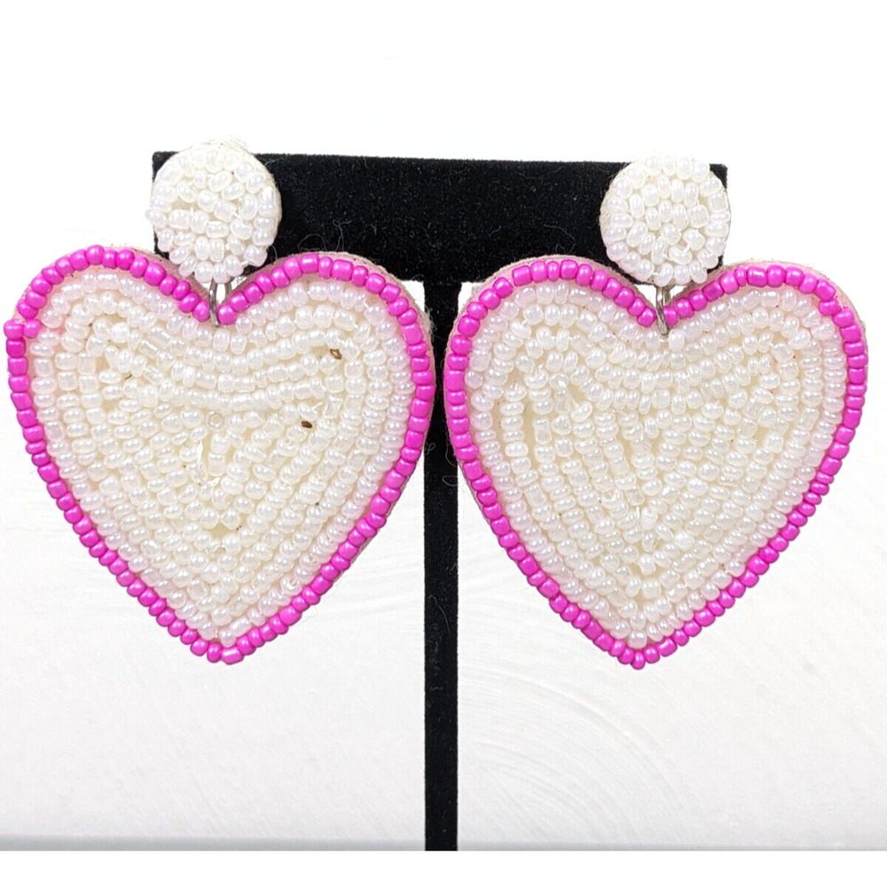Beachy Coastal White Pink Glass Seed Bead Large‎ Heart Dangle earrings Pierced